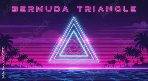 Neon Bermuda Triangle with Palm Trees and Ocean at Sunset.