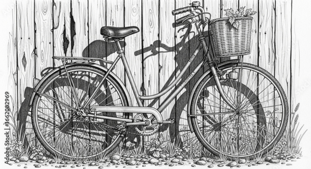 Obraz premium Hand-Drawn Pencil Sketch of a Vintage Bicycle by a Wooden Fence