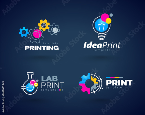 Set Logo Print. CMYK Printing theme. Template design vector. Black background.