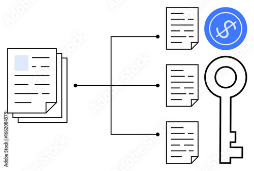Stack of documents connecting to sorted data, key symbolizing access, and dollar sign for financial focus. Ideal for data security, file organization, financial plans, workflow, access control