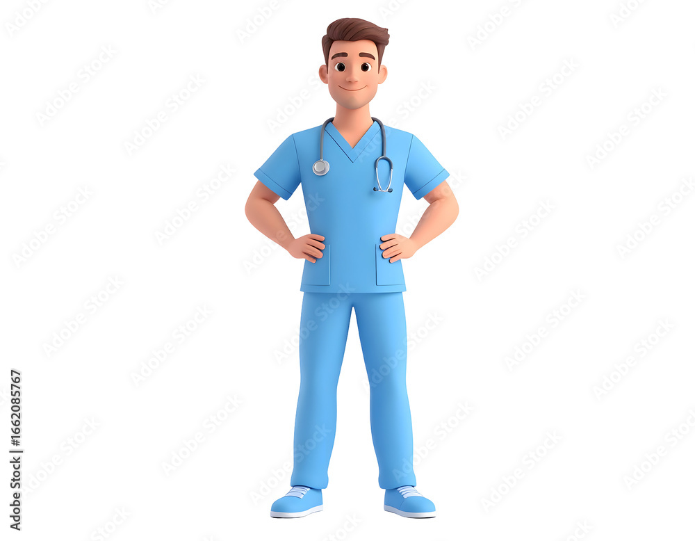 A friendly male healthcare worker in blue scrubs stands confidently with a stethoscope, ready to assist patients. A friendly male healthcare worker in blue scrubs stands confidently with a stethoscope, ready to assist patients.