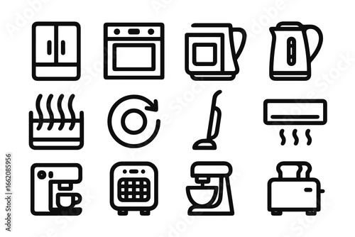 Black flat vector icons of household appliances including refrigerator, oven, washing machine, vacuum cleaner and coffee machine. Perfect for kitchen, electronics and home design.