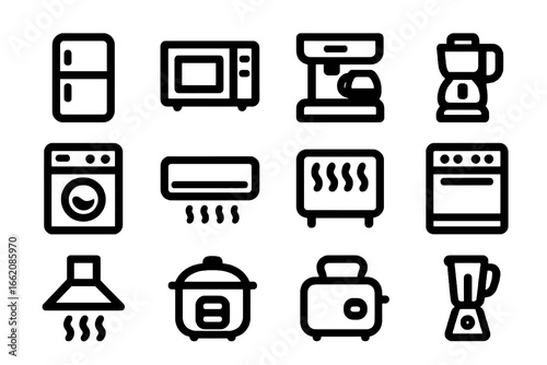 Black flat vector icons of home appliances including refrigerator, dishwasher, coffee maker and washing machine. Perfect for kitchen, household and electronics design.