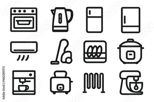 Flat vector icons of kitchen and household appliances including oven, kettle, refrigerator, washing machine and vacuum cleaner. Ideal for electronics, kitchen and home use.