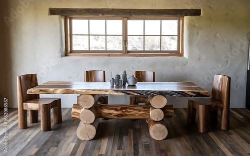 Rustic dining table made from wooden slab and logs. Interior design of modern dining room with textured stucco wall.