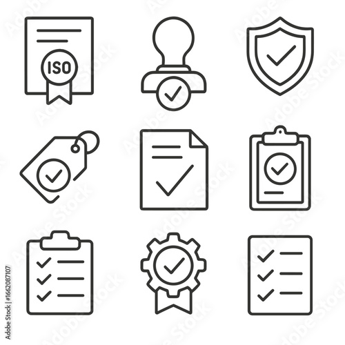 Safety Compliance Icons. Line style icons of safety compliance and certification: ISO certificate icon, regulatory approval stamp,