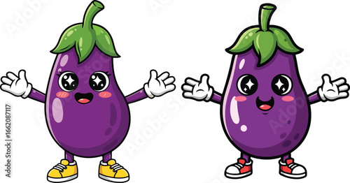 Cute Cartoon Eggplant Mascot Vector with Big Eyes