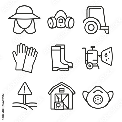 Agricultural Safety Icons. Line style icons of agricultural safety equipment: sun protection hat, pesticide mask, tractor rollbar