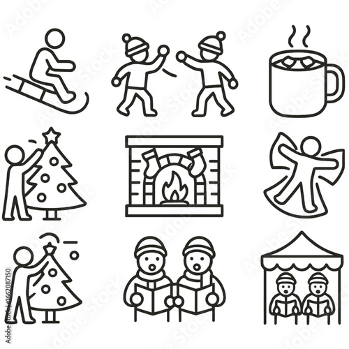 Winter Activity Icons. Line style icons of winter holiday activities: sledding person icon, snowball fight, skating boots, hot