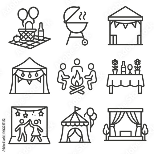 Outdoor Celebration Icons. Line style icons of outdoor celebration scenes: picnic with balloons, barbecue grill icon, gazebo with