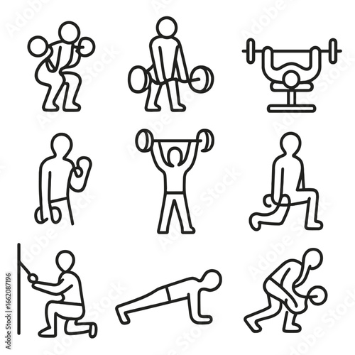 Strength Exercise Icons. Line style icons of strength training exercises: squatting person, deadlift pose, bench press outline,