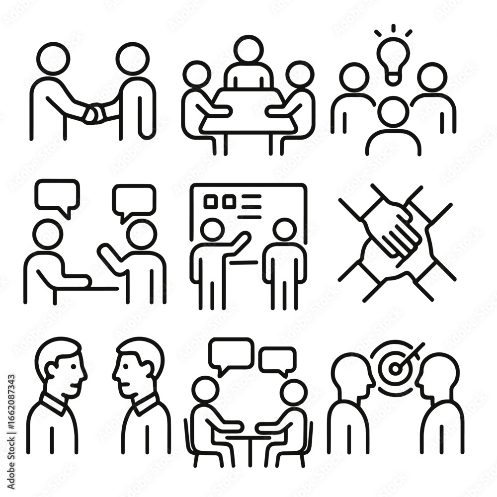 Business Communication Icons. Line style icons of professional communication: business handshake, meeting table with people, team Business Communication Icons. Line style icons of professional communication: business handshake, meeting table with people, team