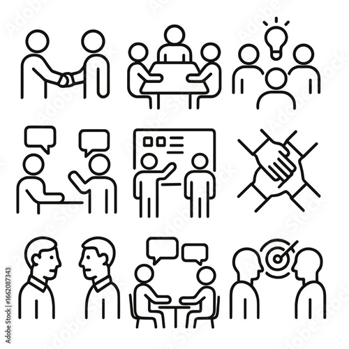 Business Communication Icons. Line style icons of professional communication: business handshake, meeting table with people, team