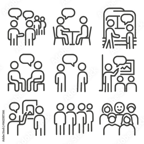 Public Social Interactions Icons. Line style icons of crowd and public space conversation: chatting at event, people at café
