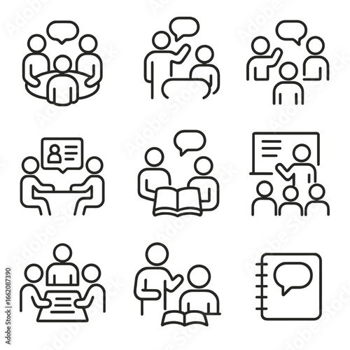 Educational Group Icons. Line style icons of educational group discussions: students in round discussion, teacher mediating talk,