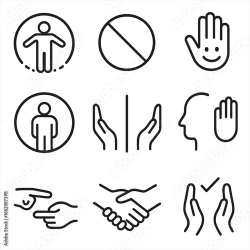 Boundary Icons. Line style icons of boundaries and respectful communication: personal space symbol, assertive no icon, hand stop