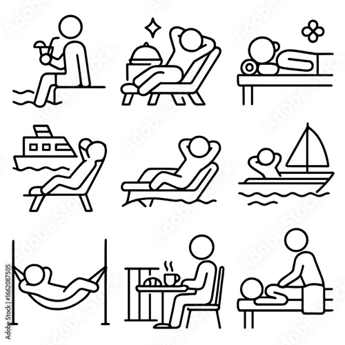 Icons of Leisure. Line style icons of vacation leisure scenes: person sipping drink by pool, all-inclusive buffet relaxation, spa