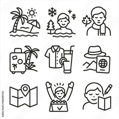 Seasonal Vacation Icons. Line style icons of seasonal vacation relaxation: beach in summer, hot spring in winter, leaf walk in
