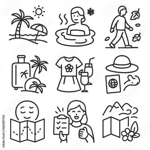 Seasonal Vacation Icons. Line style icons of seasonal vacation relaxation: beach in summer, hot spring in winter, leaf walk in