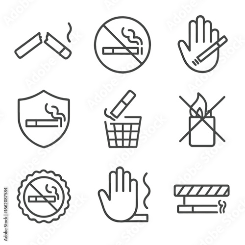 Anti-Smoking Icons. Line style icons of anti-smoking actions and messages: broken cigarette icon, no smoking sign, quit smoking