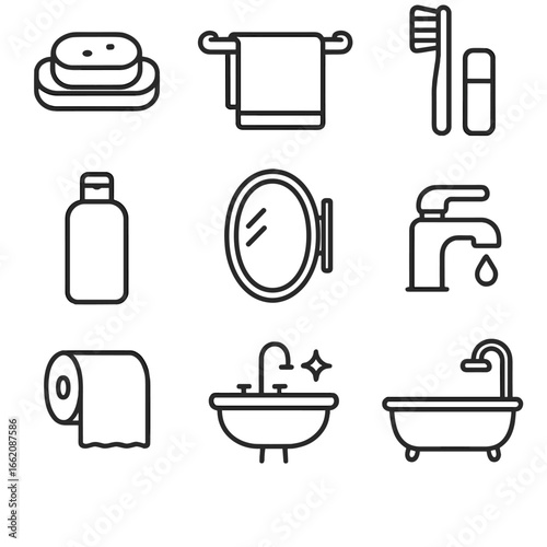 Minimalist Bathroom Icons. Line style icons of minimalist bathroom items: soap dish with bar, towel hanging on rod, toothbrush