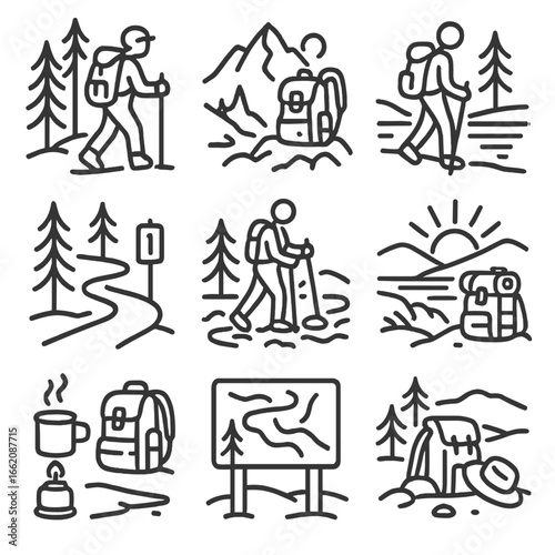 Outdoor Adventure Icons. Line style icons of outdoor recreation with backpack: forest hike scene, mountain summit with pack,