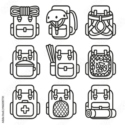 Adventure Gear Icons. Line style icons of adventure gear attached to backpacks: rope coil on top, helmet clip-on, climbing harness