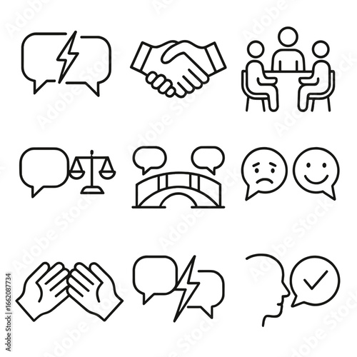 Conflict Resolution Icons. Line style icons of conflict resolution and communication: two speech bubbles with tension, handshake