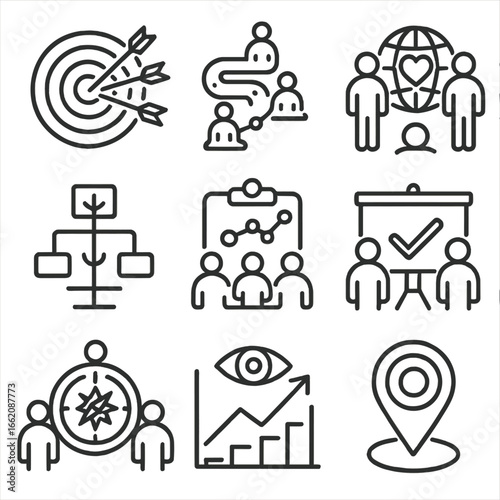 Goal Alignment Icons. Line style icons of shared goal alignment: target icon with multiple arrows, team roadmap layout, shared