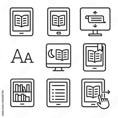 Digital Reading Icons. Line style icons of e-books and digital reading: tablet with open book, e-reader device icon, screen with