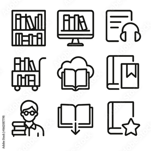 Library Line Icons. Line style icons of libraries and collections: bookshelf with categorized books, digital shelf icon, borrowed