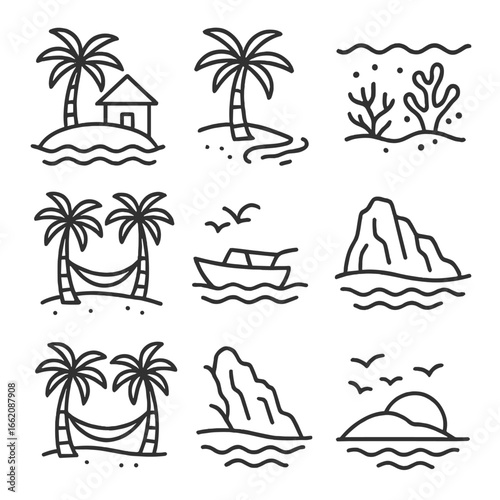 Tropical Island Icons. Line style icons of islands and tropical scenery: tropical island with hut, coconut palm by beach, coral