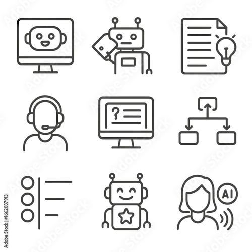 Customer Support Icons. Line style icons of customer support automation: chatbot on screen, ticket assignment bot, knowledge base