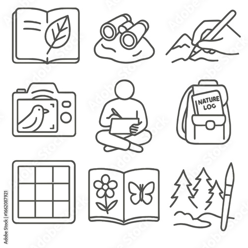 Nature Observation Sketch Icons. Line style icons of nature observation and sketching: notebook with leaf sketch, field glasses on