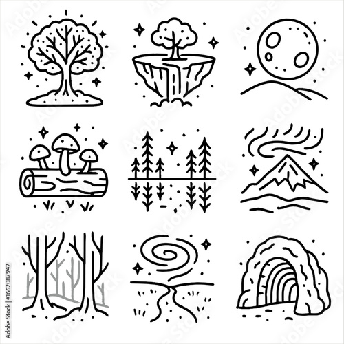 Surreal Nature Icons. Line style icons of magical and surreal nature scenes: tree glowing in dark, floating island with waterfall,