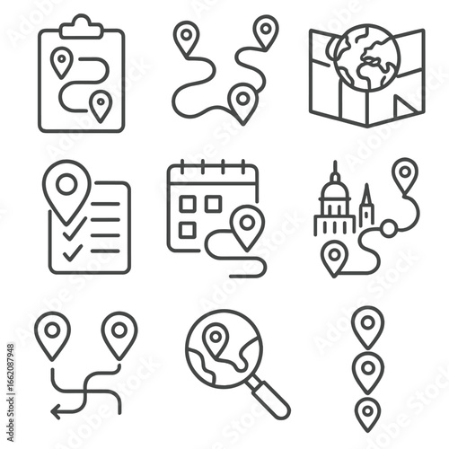 Travel Planning Icons. Line style icons of travel planning by location: itinerary with pins, multi-location route, global trip