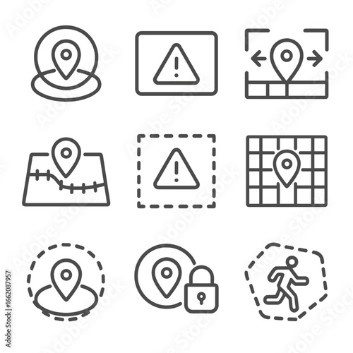 Geofencing Icon Set. Line style icons of geofencing and zones: circular zone around point, rectangle alert zone, enter-exit