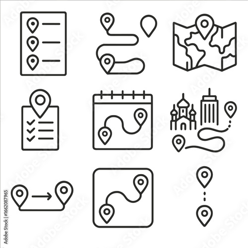Travel Itinerary Icons. Line style icons of travel planning by location: itinerary with pins, multi-location route, global trip