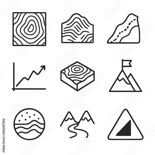 Topographical Line Icons. Line style icons of topography and terrain maps: elevation contour lines, hillshade terrain view, trail