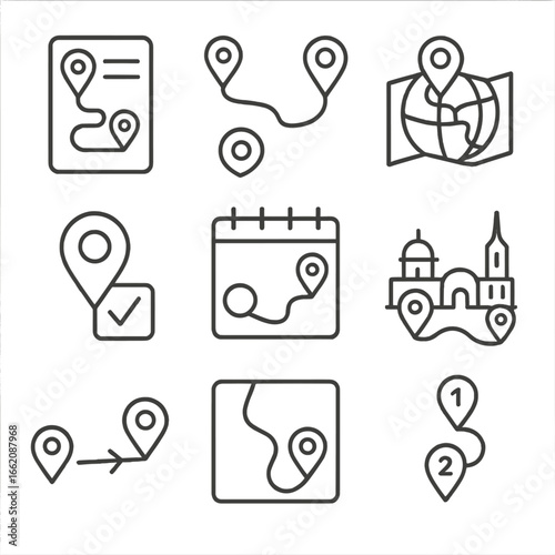 Travel Itinerary Icons. Line style icons of travel planning by location: itinerary with pins, multi-location route, global trip