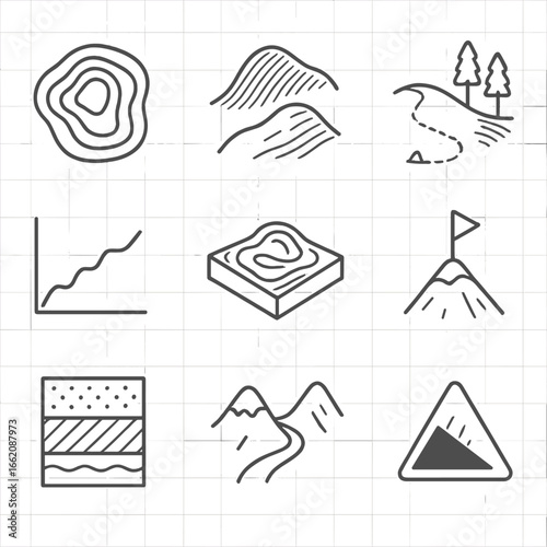 Topographical Line Icons. Line style icons of topography and terrain maps: elevation contour lines, hillshade terrain view, trail