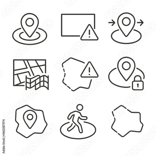 Geofencing Icons Collection. Line style icons of geofencing and zones: circular zone around point, rectangle alert zone,