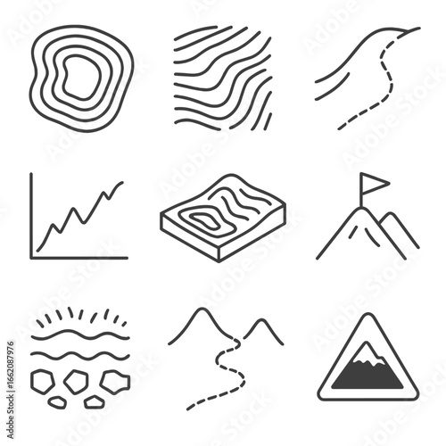 Topography Icon Set. Line style icons of topography and terrain maps: elevation contour lines, hillshade terrain view, trail on