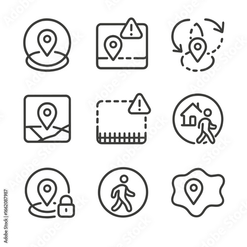 Geofencing Icons Collection. Line style icons of geofencing and zones: circular zone around point, rectangle alert zone,