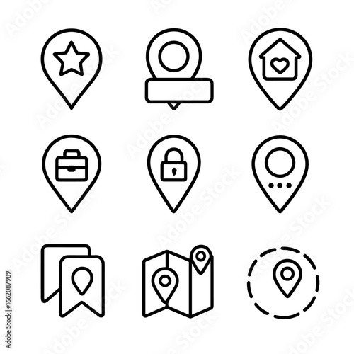 Customized Location Icons. Line style icons of personalized location experience: favorite place with star pin, custom label on