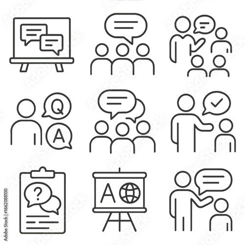 Educational Communication Icons. Line style icons of educational communication methods: chalkboard with speech lines, classroom