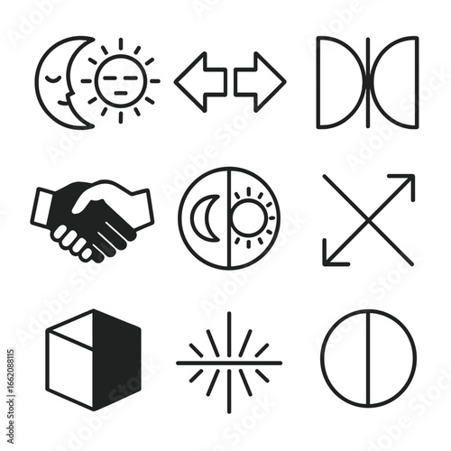 Duality Icons. Line style icons of duality and balance: moon and sun icon, left vs right symbol, mirrored shape icon, black and