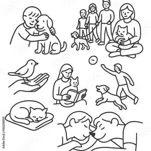 Pet Bonding Icons. Line style icons of pet bonding and companionship: child hugging dog, family with pet on walk, cat sitting in