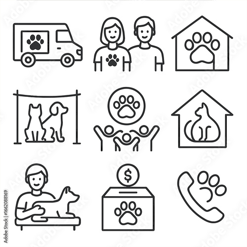 Pet Shelter Icons. Line style icons of pet shelters and rescue outreach: mobile adoption van, shelter volunteers team, paw logo on