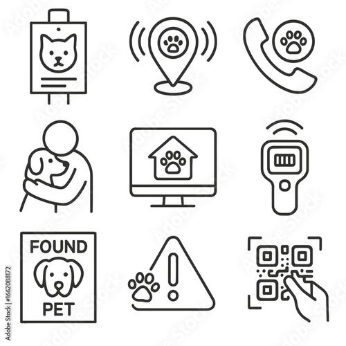 Lost Pet Icons. Line style icons of lost and found pet systems: poster on pole icon, GPS alert bell, finder hotline phone, reunion
